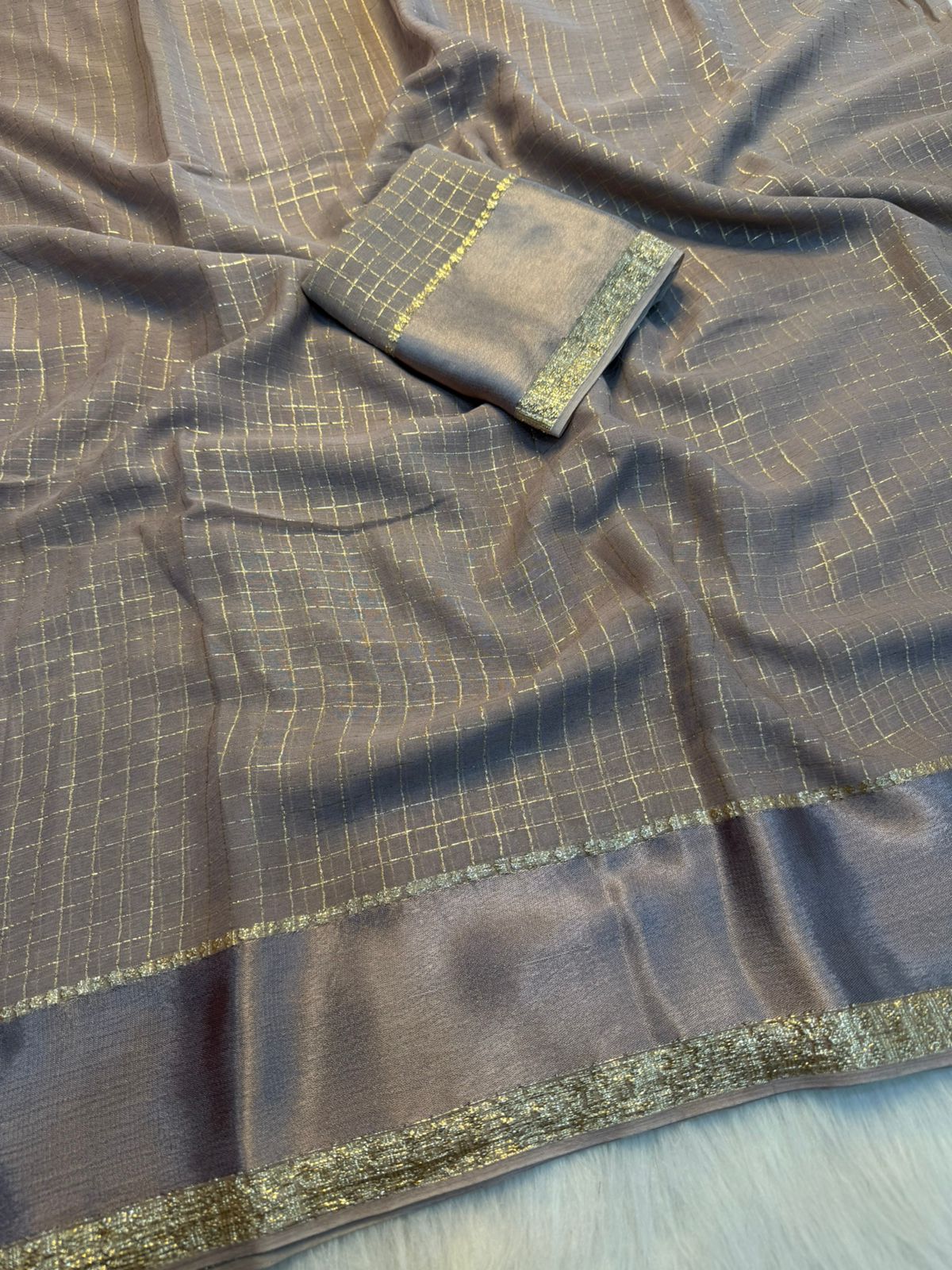 Redolent Party Wear Pure Viscose Georgette With Satin Border Small Chex Fancy Designer Saree For Women