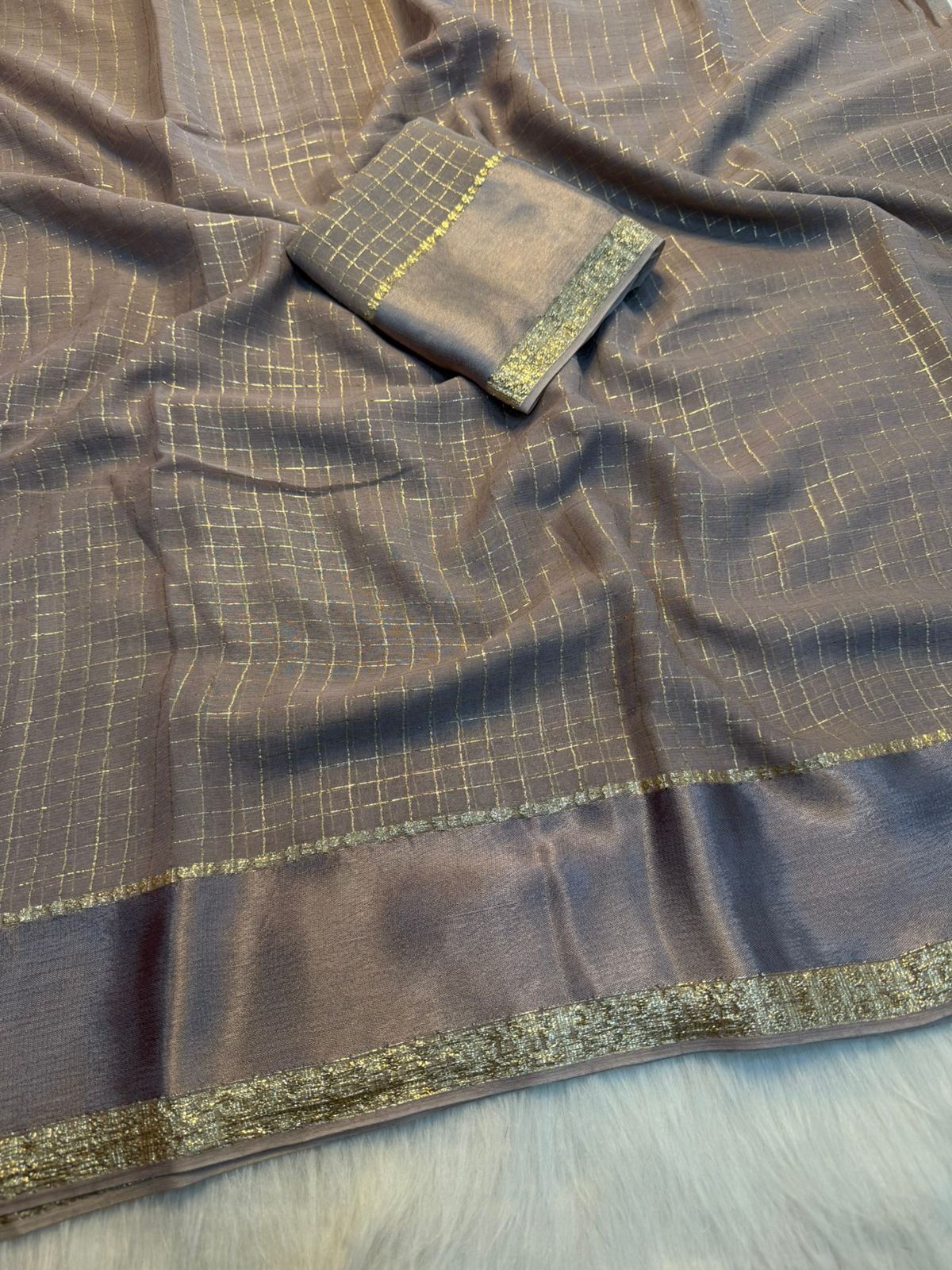 Redolent Party Wear Pure Viscose Georgette With Satin Border Small Chex Fancy Designer Saree For Women