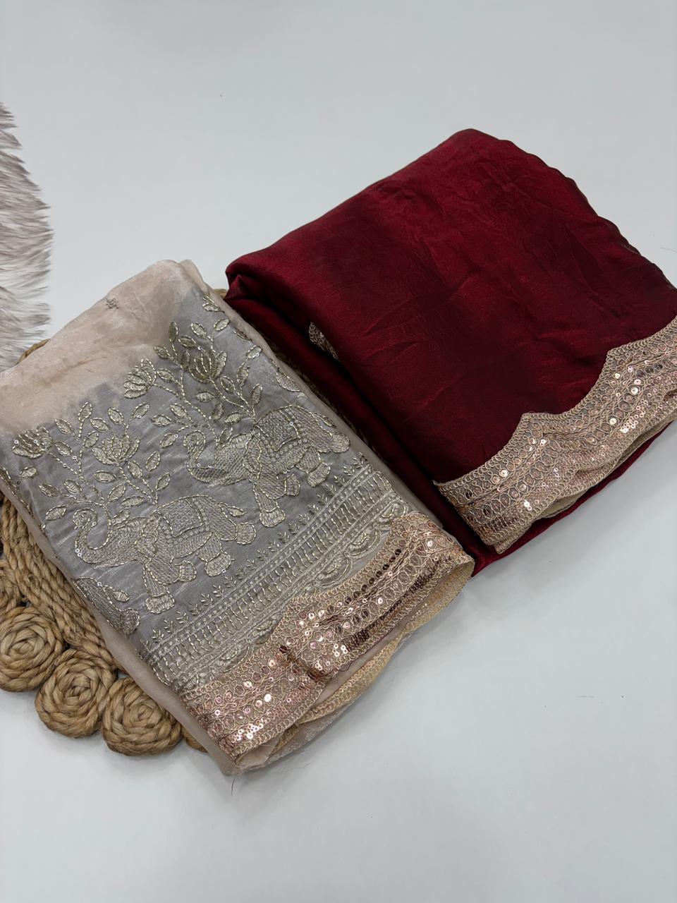 Imaginative Party Wear Pure Soft Silk Embroidery n Lace Work Designer Saree With Contrast Blouse Piece