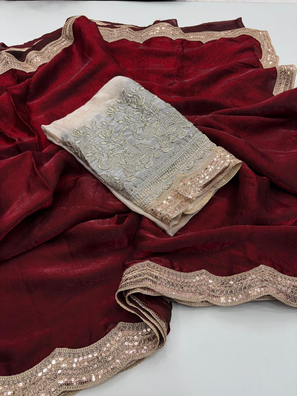 Imaginative Party Wear Pure Soft Silk Embroidery n Lace Work Designer Saree With Contrast Blouse Piece