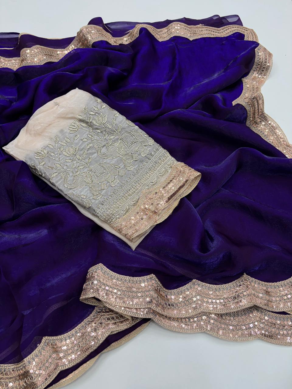 Imaginative Party Wear Pure Soft Silk Embroidery n Lace Work Designer Saree With Contrast Blouse Piece