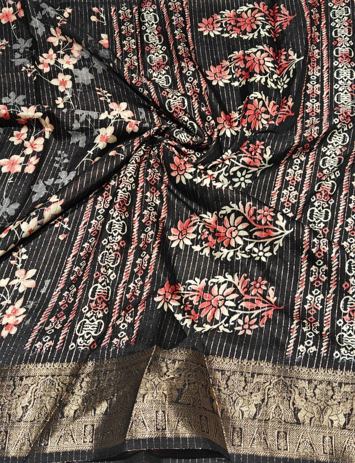 New Function Wear Black Color Dola Silk Print With Jacquard Weaving Border Work Fancy Designer Saree