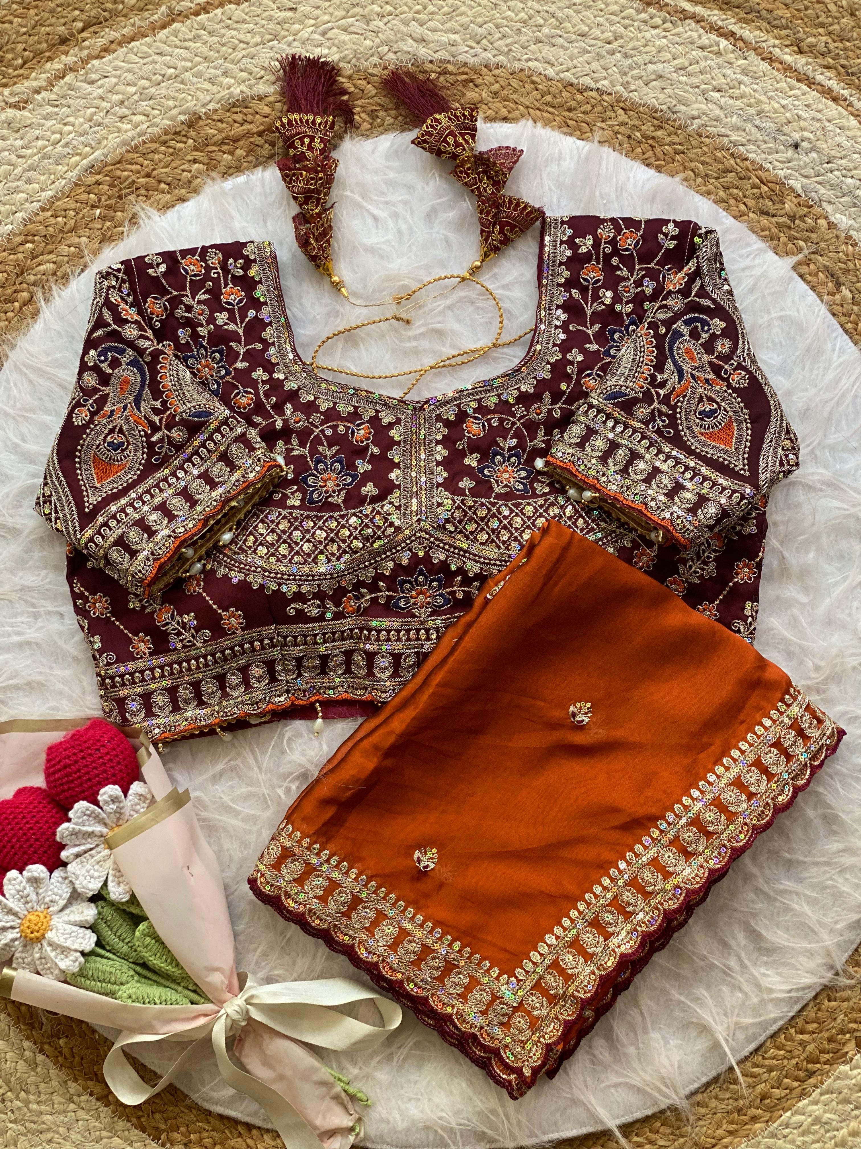Outstanding Wedding Wear Silk Sequence n Embroidery Work Butti Desginer Saree With Stitched Blouse