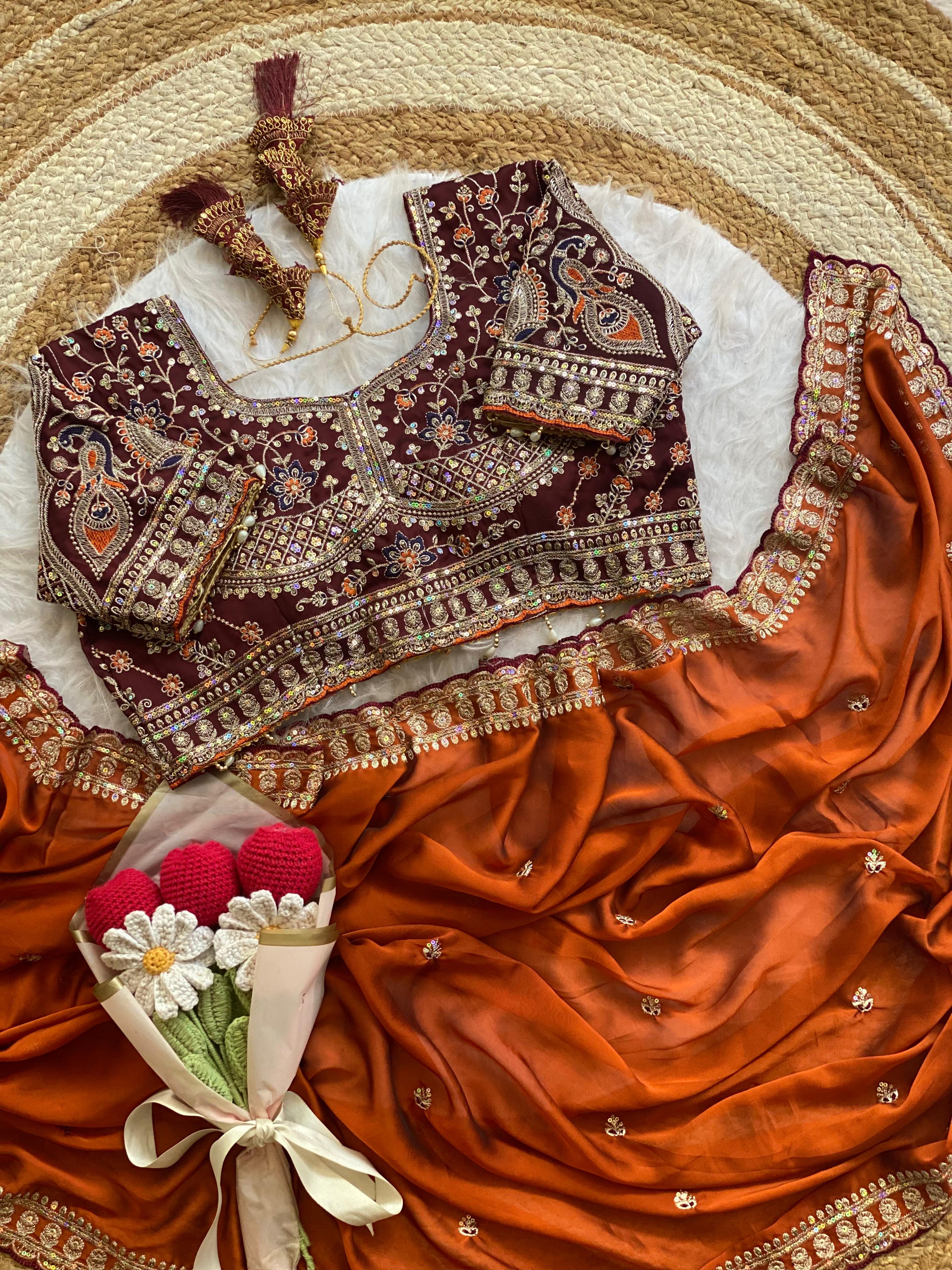 Outstanding Wedding Wear Silk Sequence n Embroidery Work Butti Desginer Saree With Stitched Blouse
