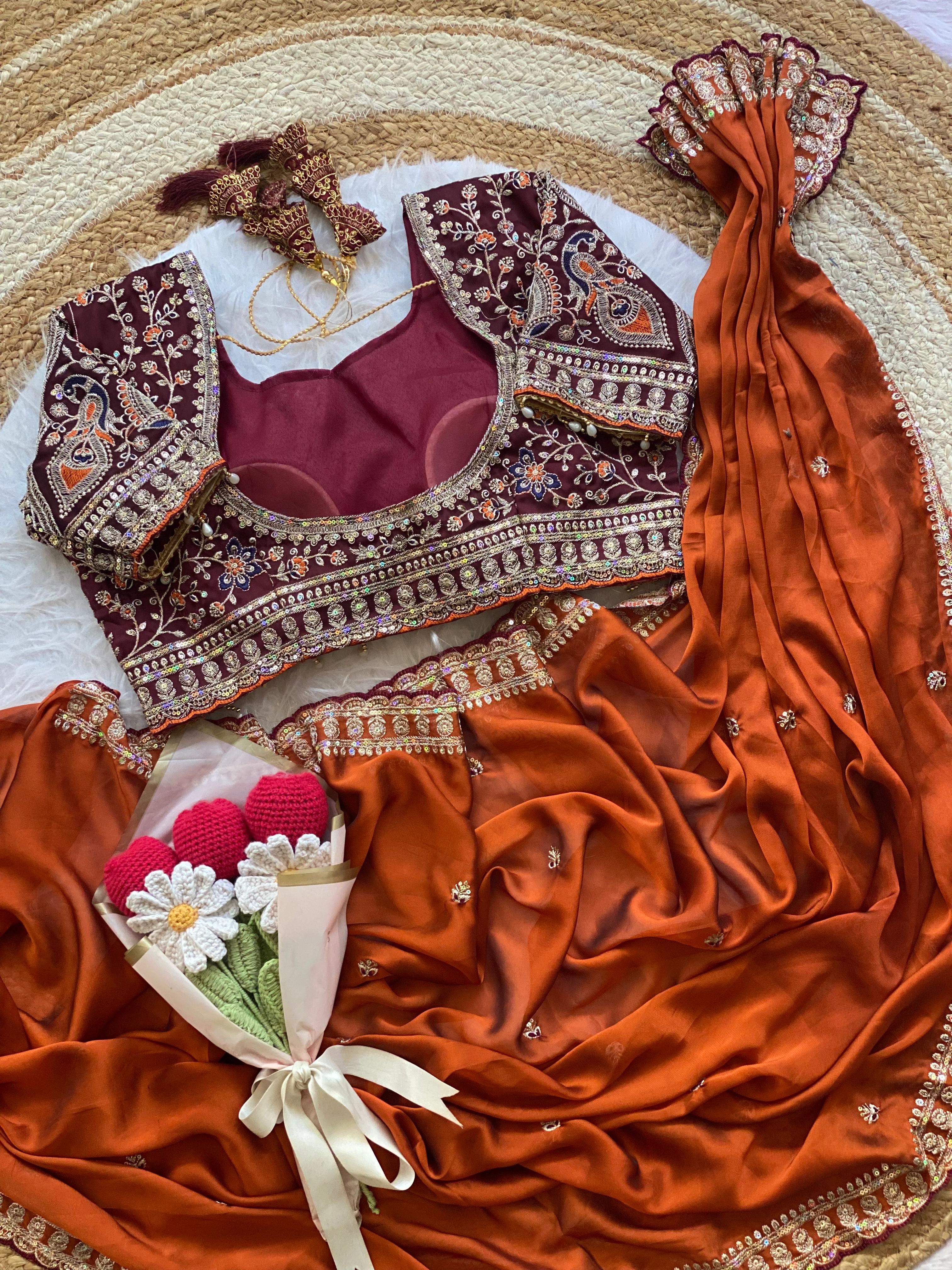 Outstanding Wedding Wear Silk Sequence n Embroidery Work Butti Desginer Saree With Stitched Blouse
