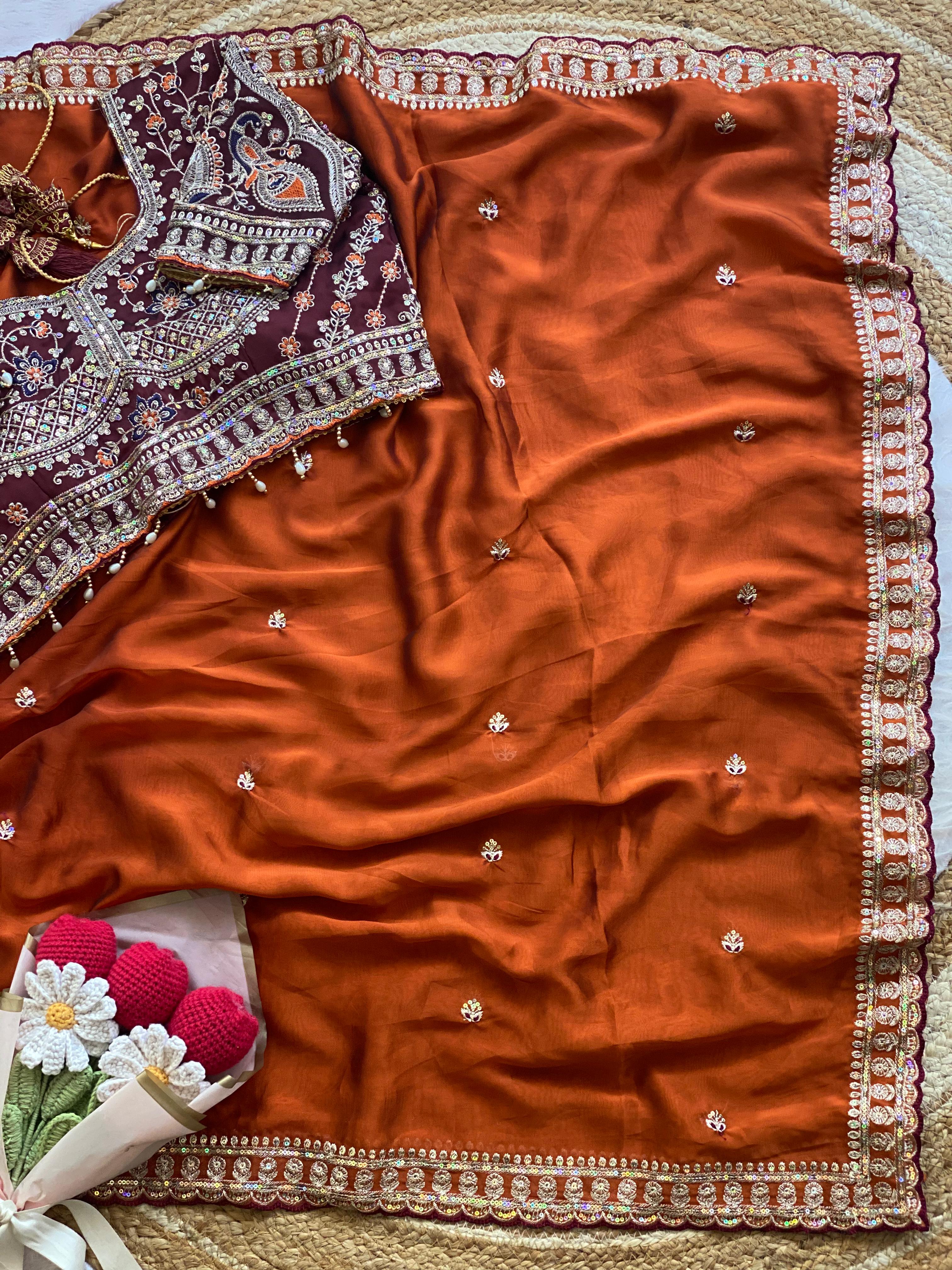 Outstanding Wedding Wear Silk Sequence n Embroidery Work Butti Desginer Saree With Stitched Blouse