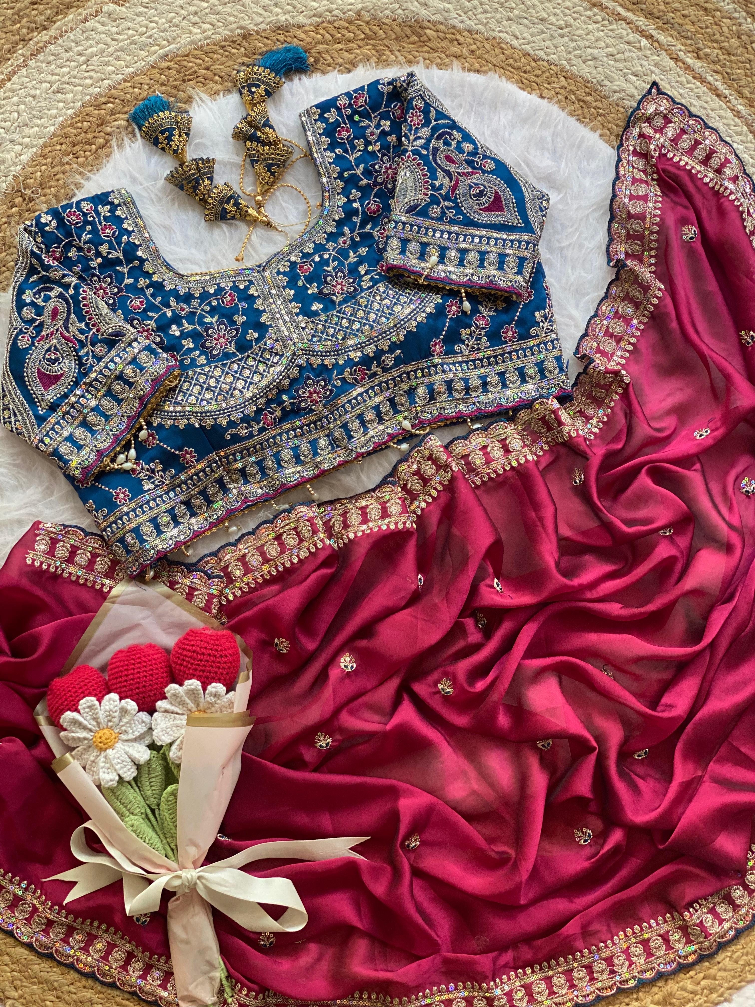 Outstanding Wedding Wear Silk Sequence n Embroidery Work Butti Desginer Saree With Stitched Blouse