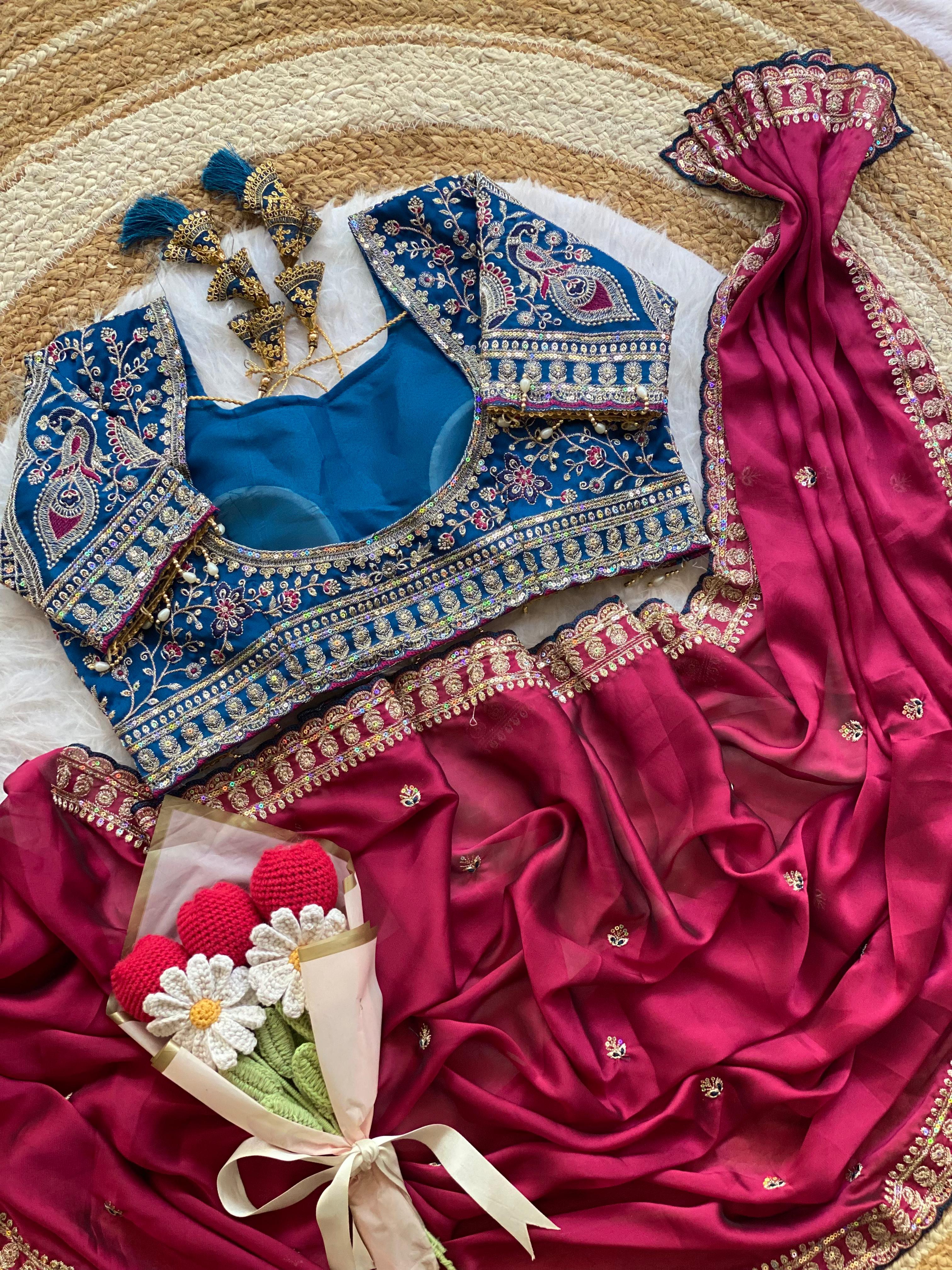 Outstanding Wedding Wear Silk Sequence n Embroidery Work Butti Desginer Saree With Stitched Blouse