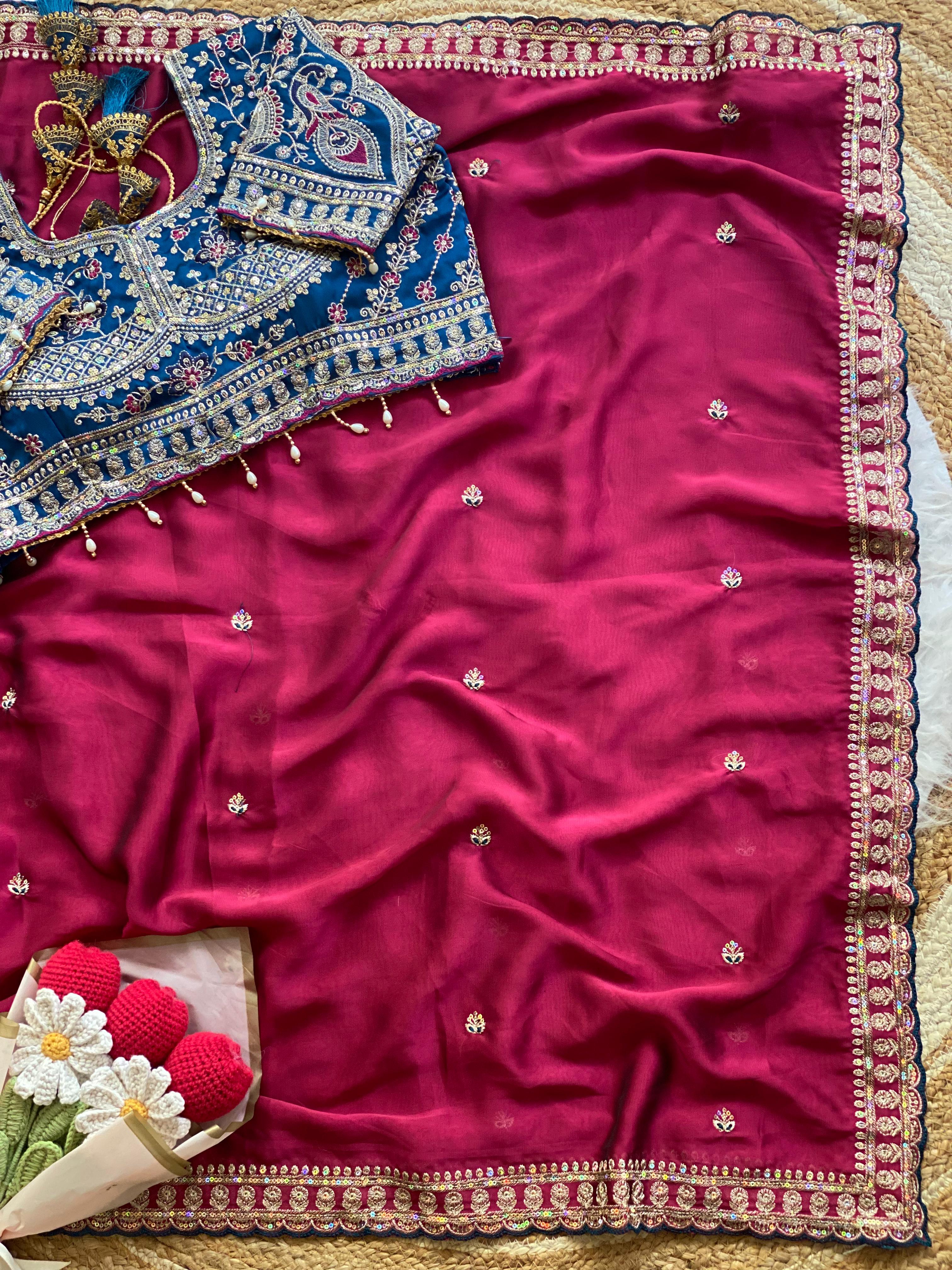 Outstanding Wedding Wear Silk Sequence n Embroidery Work Butti Desginer Saree With Stitched Blouse