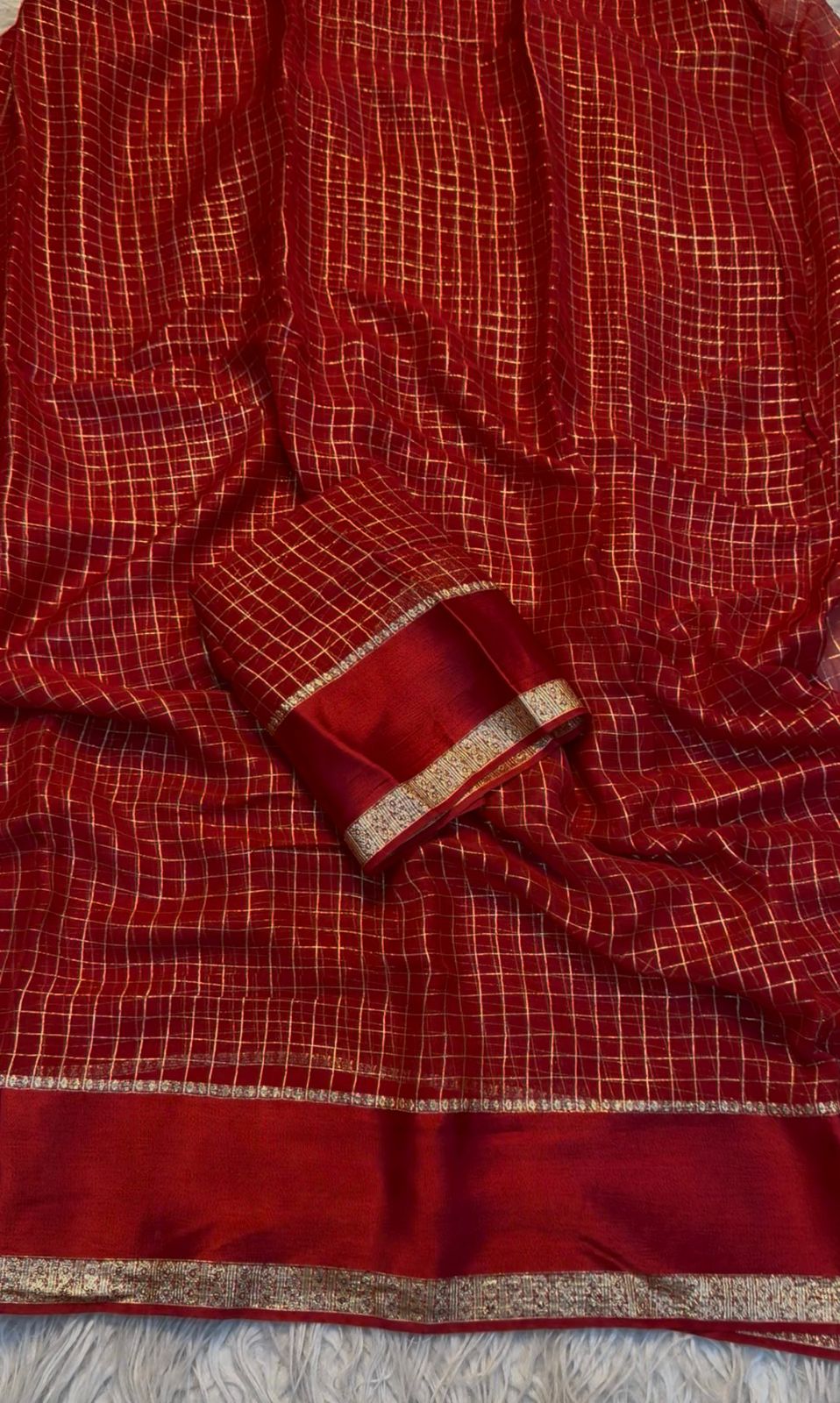 Redolent Party Wear Pure Viscose Georgette With Satin Border Small Chex Fancy Designer Saree For Women