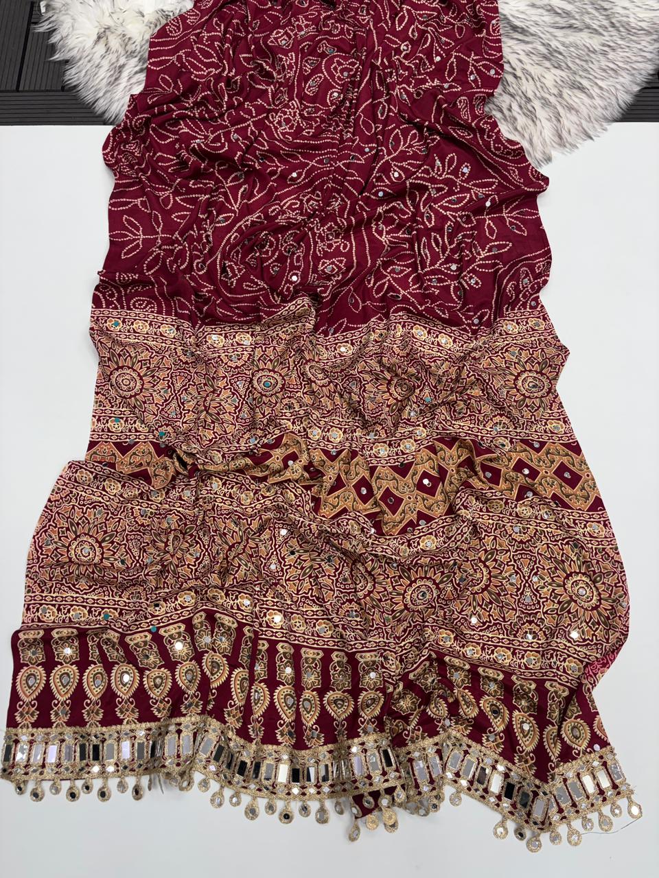 Gratifying Function Wear Pure Satin Silk Ajrak Printed Rich Pallu n Mirror Work Designer Saree With Blouse Piece