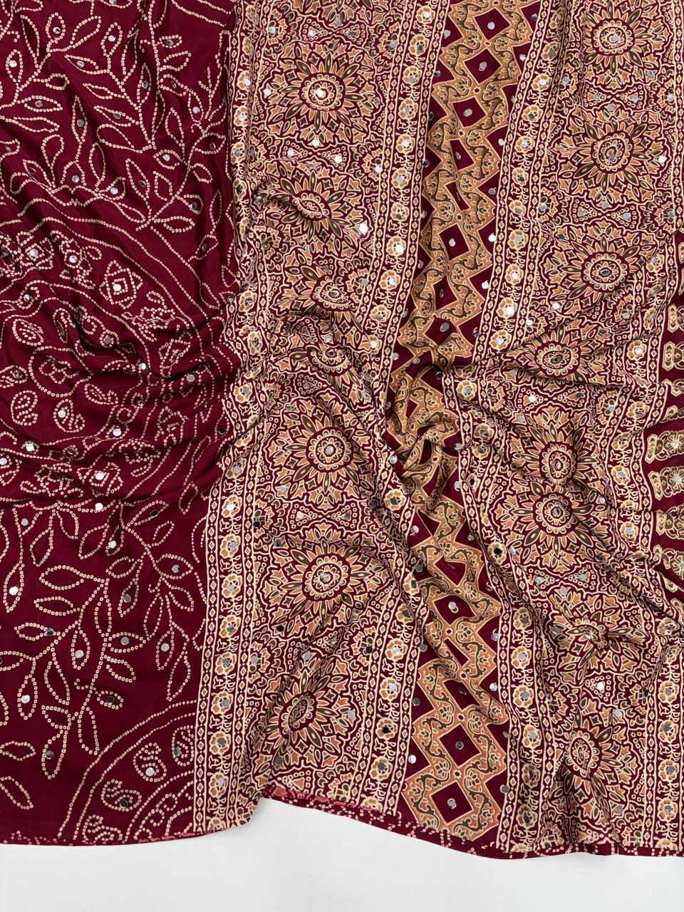 Gratifying Function Wear Pure Satin Silk Ajrak Printed Rich Pallu n Mirror Work Designer Saree With Blouse Piece