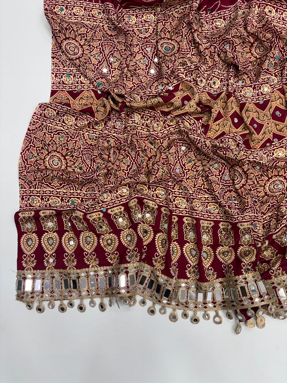 Gratifying Function Wear Pure Satin Silk Ajrak Printed Rich Pallu n Mirror Work Designer Saree With Blouse Piece