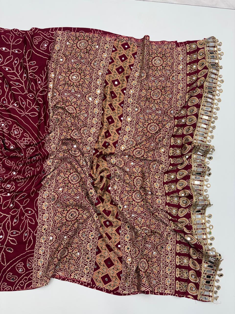 Gratifying Function Wear Pure Satin Silk Ajrak Printed Rich Pallu n Mirror Work Designer Saree With Blouse Piece