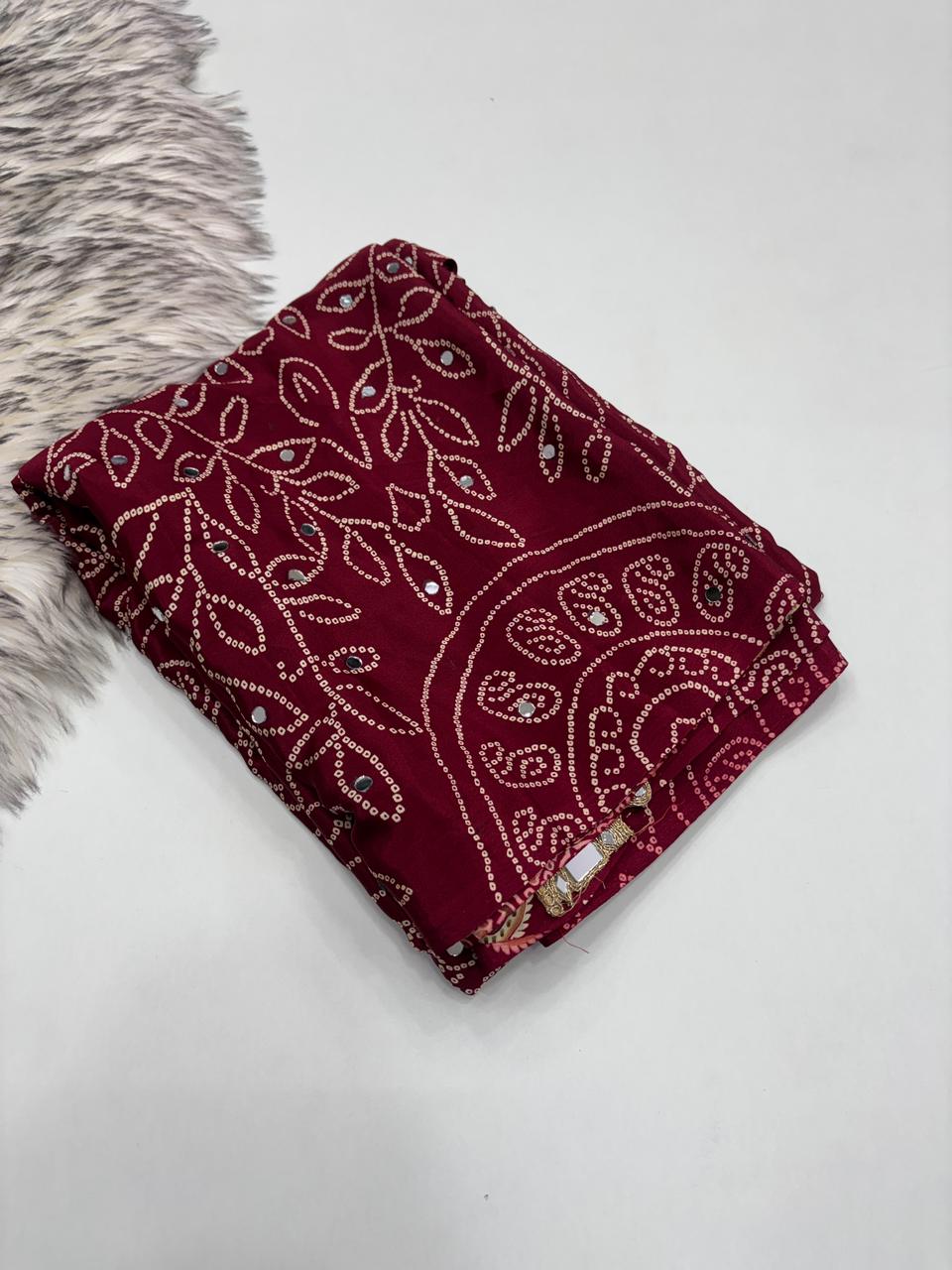 Gratifying Function Wear Pure Satin Silk Ajrak Printed Rich Pallu n Mirror Work Designer Saree With Blouse Piece