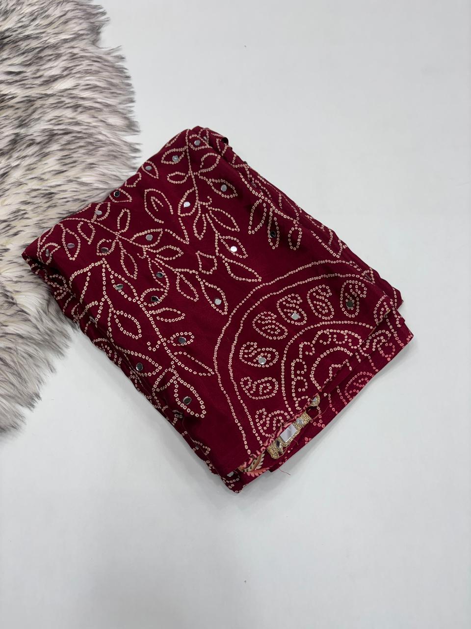 Gratifying Function Wear Pure Satin Silk Ajrak Printed Rich Pallu n Mirror Work Designer Saree With Blouse Piece