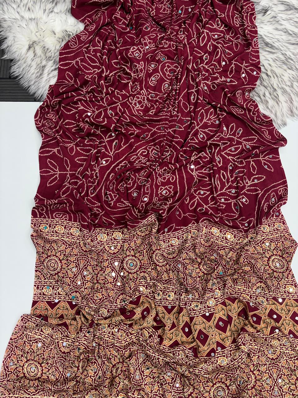 Gratifying Function Wear Pure Satin Silk Ajrak Printed Rich Pallu n Mirror Work Designer Saree With Blouse Piece
