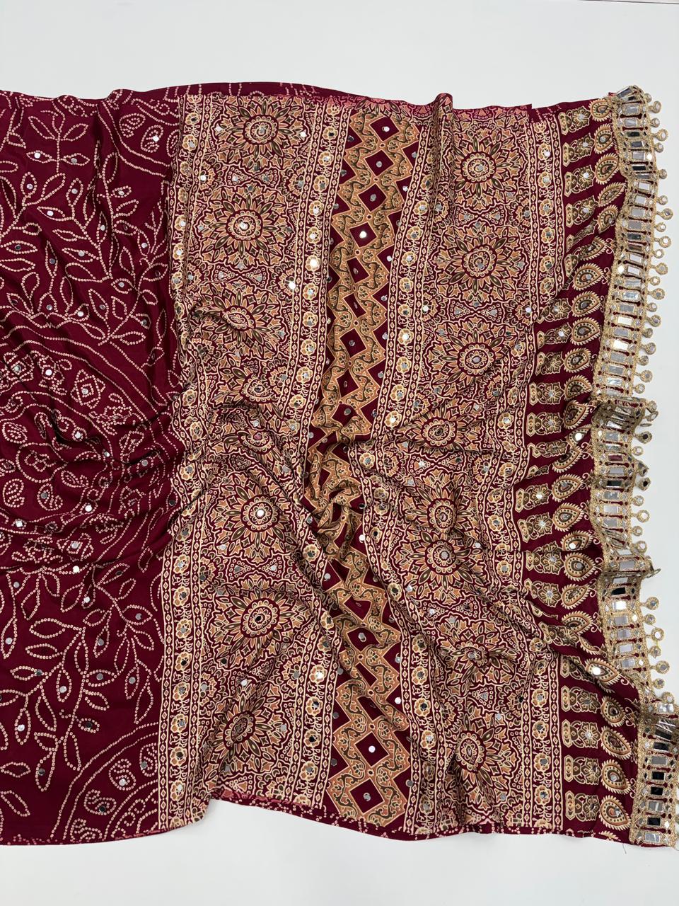 Gratifying Function Wear Pure Satin Silk Ajrak Printed Rich Pallu n Mirror Work Designer Saree With Blouse Piece