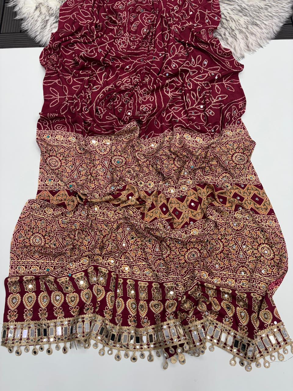 Gratifying Function Wear Pure Satin Silk Ajrak Printed Rich Pallu n Mirror Work Designer Saree With Blouse Piece