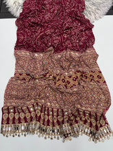Load image into Gallery viewer, Gratifying Function Wear Pure Satin Silk Ajrak Printed Rich Pallu n Mirror Work Designer Saree With Blouse Piece
