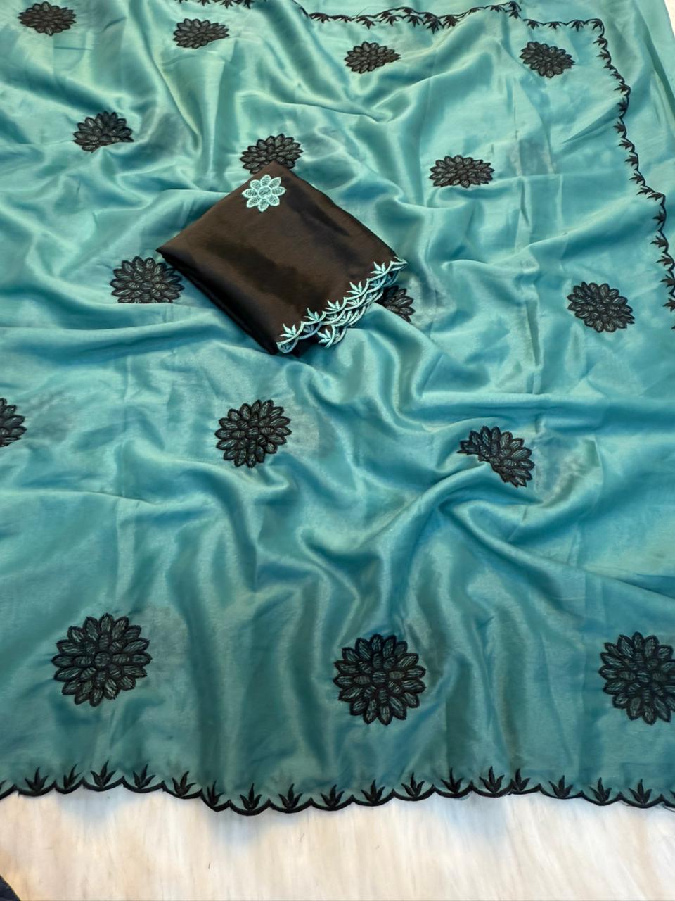 Heritage Party Wear Pure Soft Rangoli Silk Embroidery Thread Work Designer Saree With Blissful Blouse