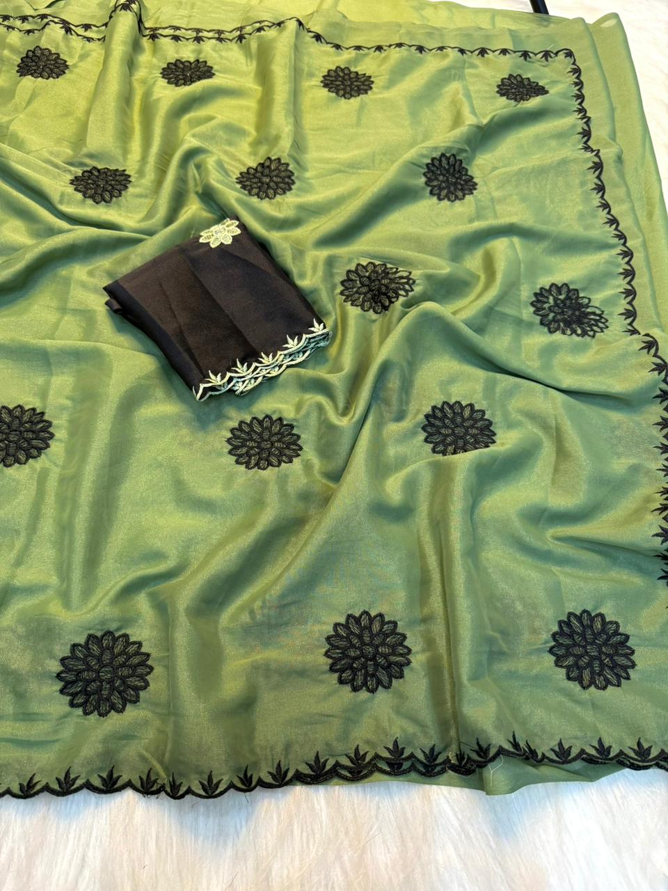 Heritage Party Wear Pure Soft Rangoli Silk Embroidery Thread Work Designer Saree With Blissful Blouse
