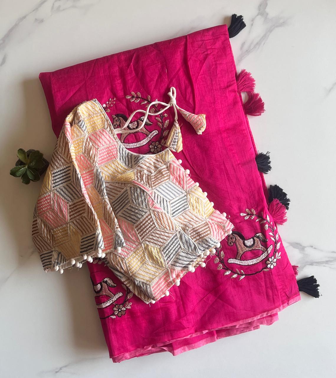 Heritage Festive Wear Chanderi Cotton Embroidery n Tussels Work Fancy Saree With Stitched Blouse