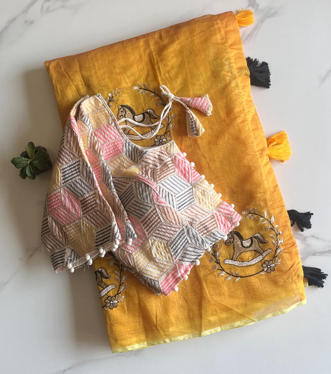 Heritage Festive Wear Chanderi Cotton Embroidery n Tussels Work Fancy Saree With Stitched Blouse