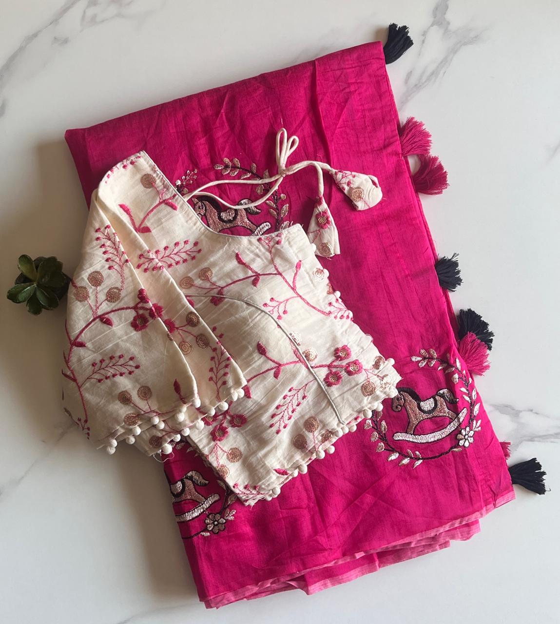 Heritage Festive Wear Chanderi Cotton Embroidery n Tussels Work Fancy Saree With Stitched Blouse