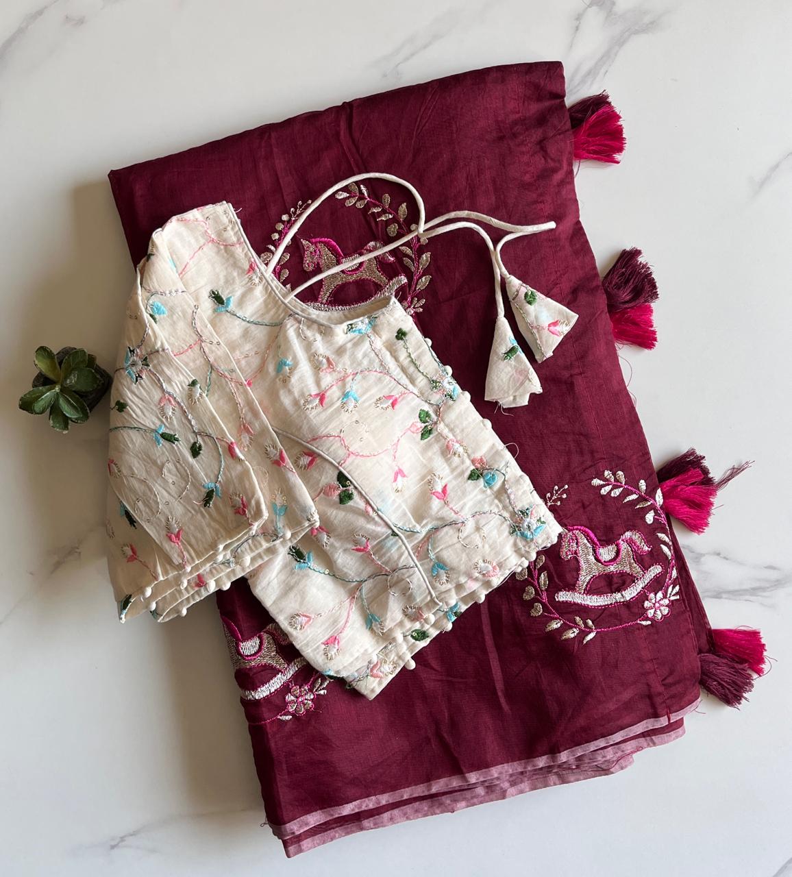 Heritage Festive Wear Chanderi Cotton Embroidery n Tussels Work Fancy Saree With Stitched Blouse