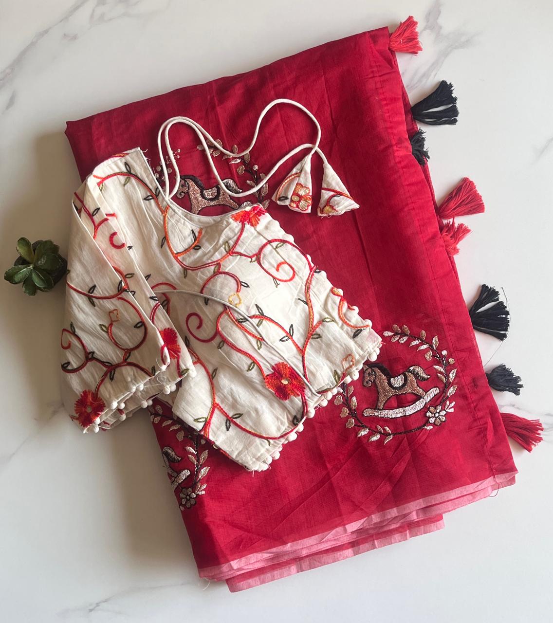 Heritage Festive Wear Chanderi Cotton Embroidery n Tussels Work Fancy Saree With Stitched Blouse
