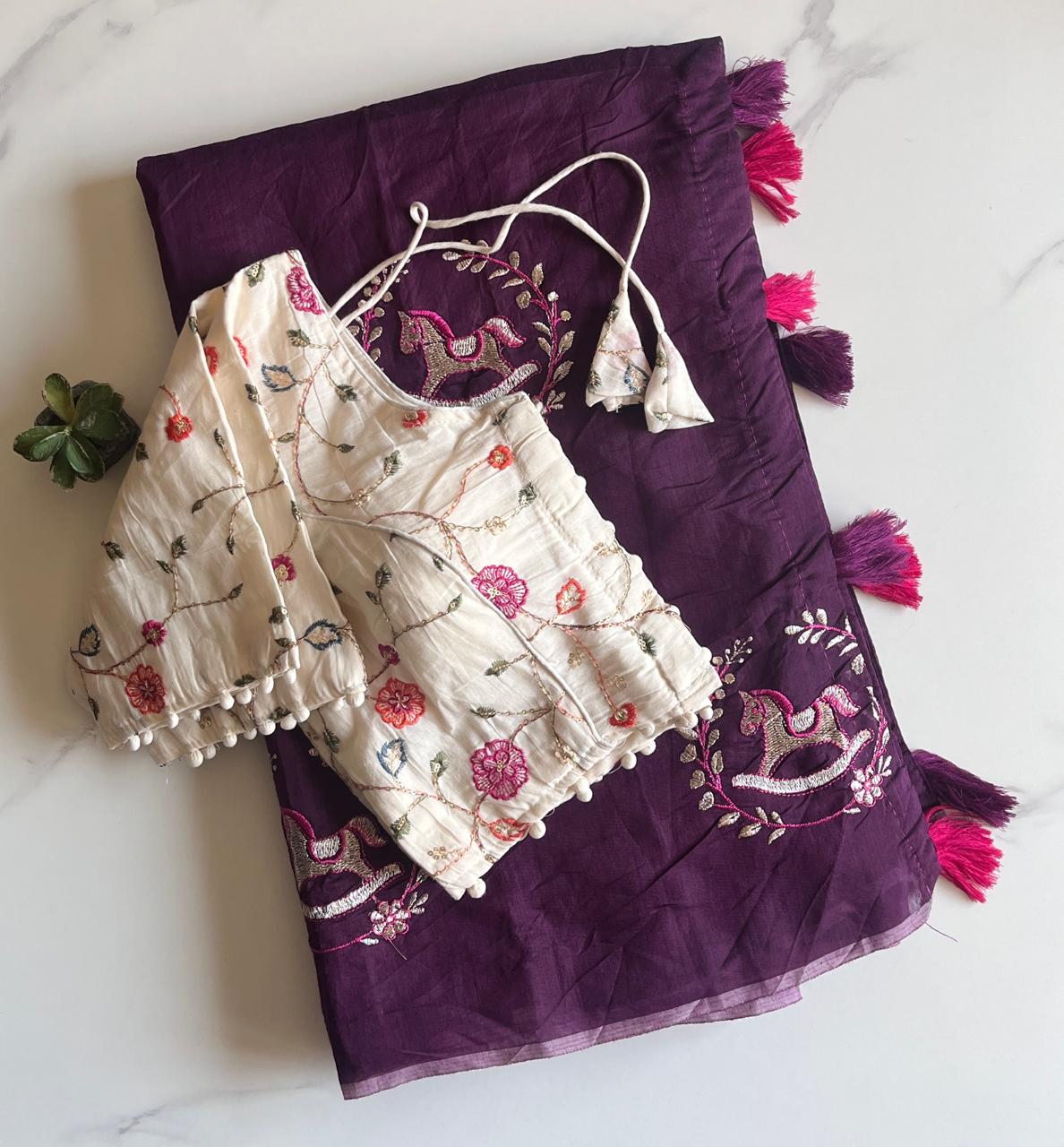 Heritage Festive Wear Chanderi Cotton Embroidery n Tussels Work Fancy Saree With Stitched Blouse