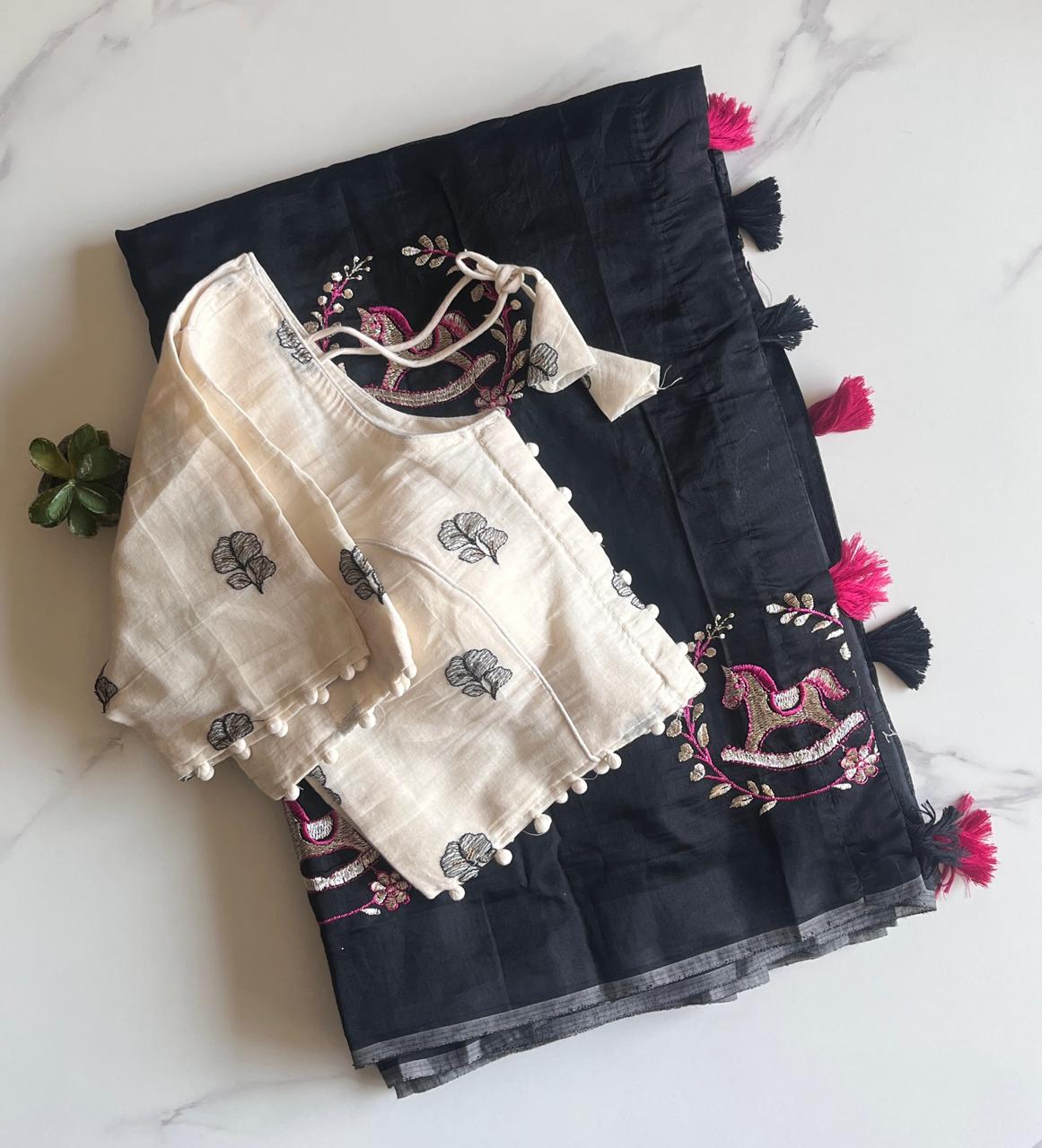 Heritage Festive Wear Chanderi Cotton Embroidery n Tussels Work Fancy Saree With Stitched Blouse