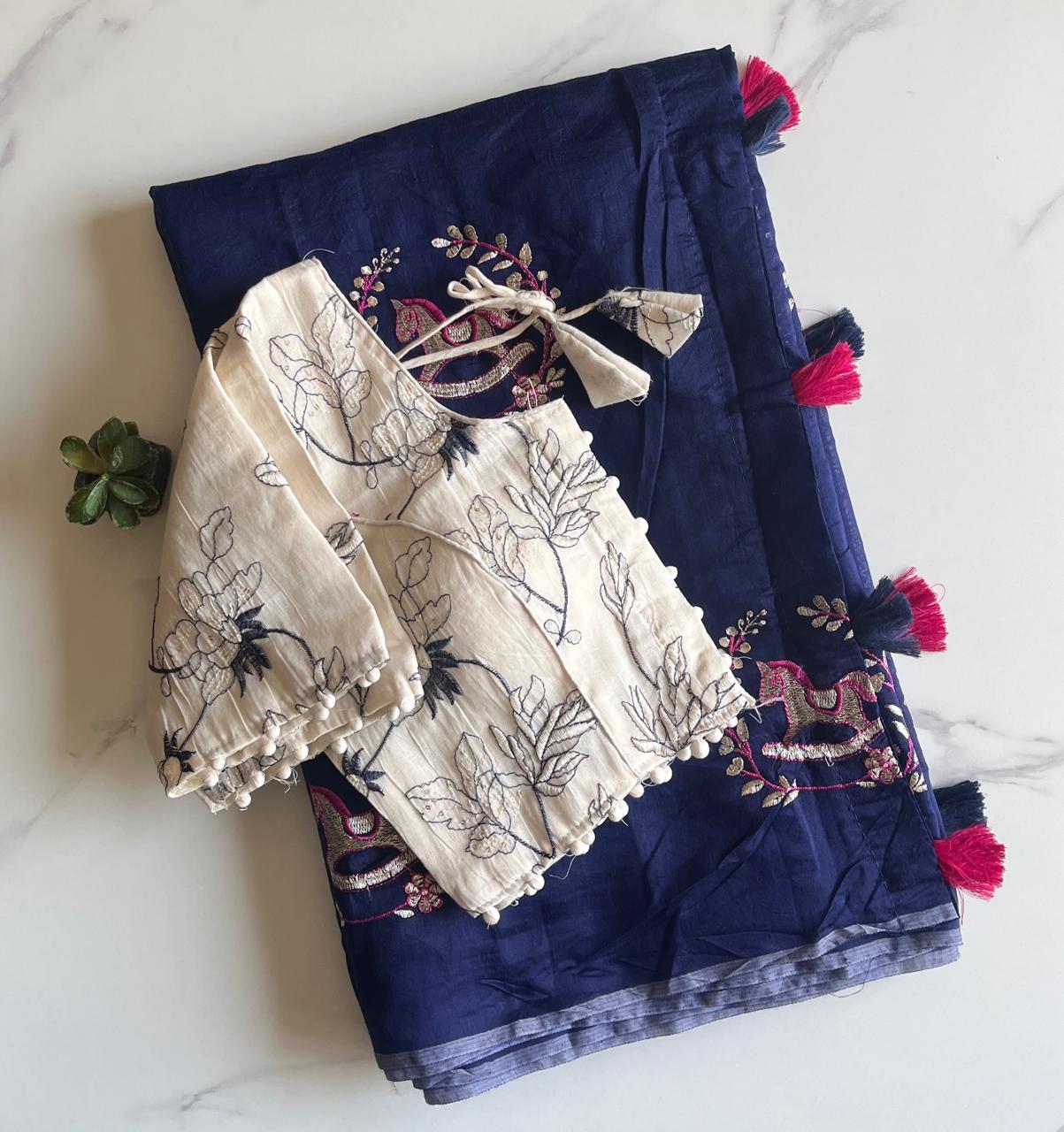 Heritage Festive Wear Chanderi Cotton Embroidery n Tussels Work Fancy Saree With Stitched Blouse