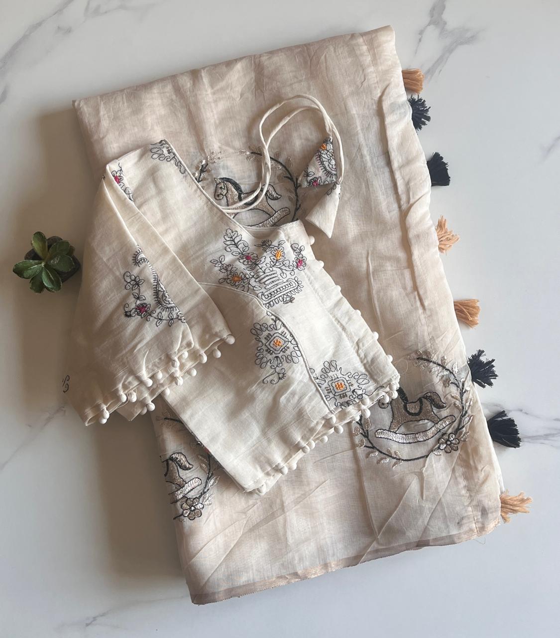 Heritage Festive Wear Chanderi Cotton Embroidery n Tussels Work Fancy Saree With Stitched Blouse