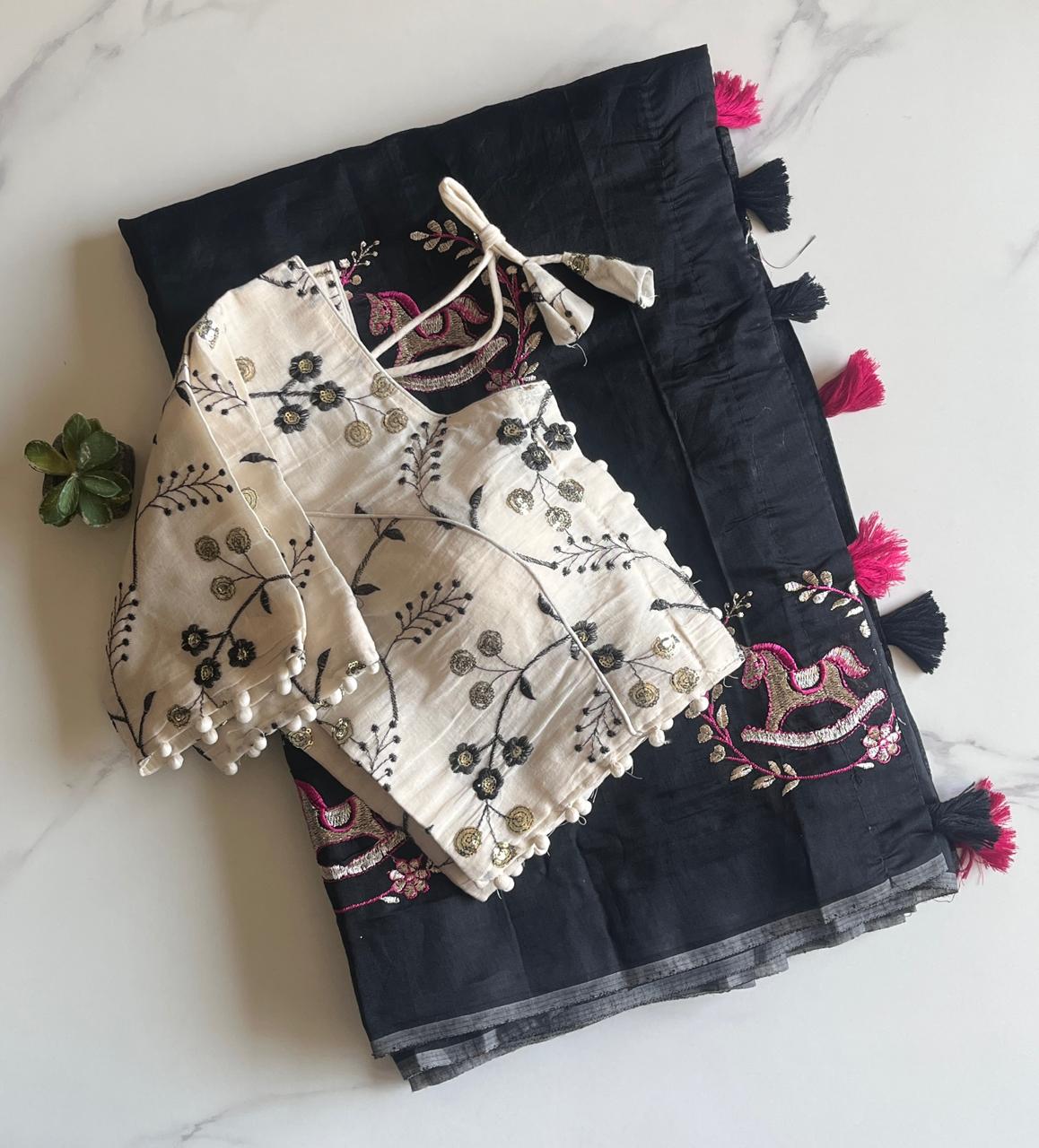 Heritage Festive Wear Chanderi Cotton Embroidery n Tussels Work Fancy Saree With Stitched Blouse