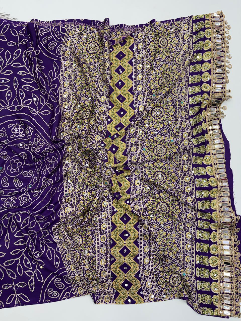 Gratifying Function Wear Pure Satin Silk Ajrak Printed Rich Pallu n Mirror Work Designer Saree With Blouse Piece