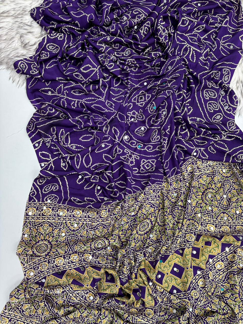 Gratifying Function Wear Pure Satin Silk Ajrak Printed Rich Pallu n Mirror Work Designer Saree With Blouse Piece