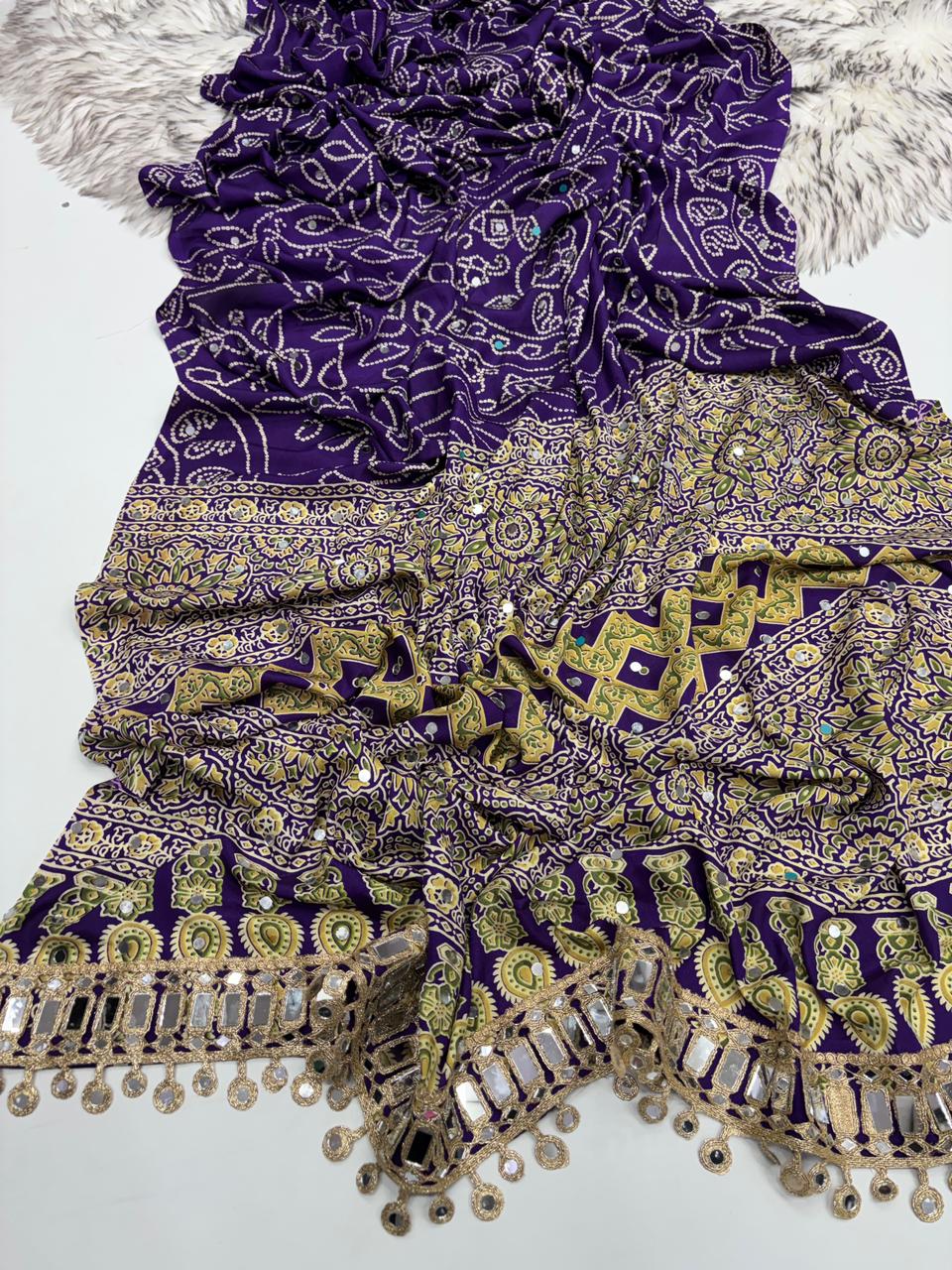 Gratifying Function Wear Pure Satin Silk Ajrak Printed Rich Pallu n Mirror Work Designer Saree With Blouse Piece