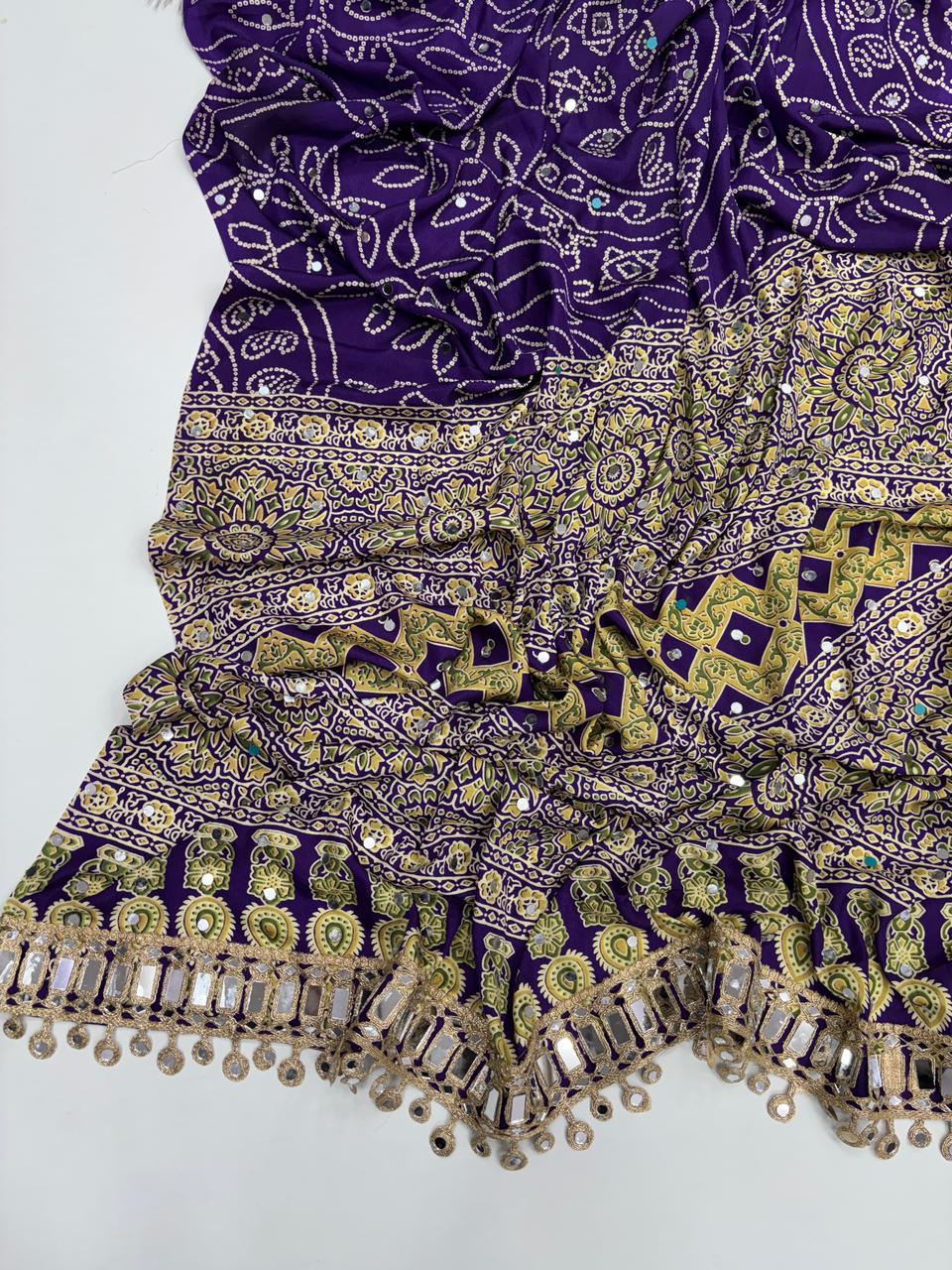 Gratifying Function Wear Pure Satin Silk Ajrak Printed Rich Pallu n Mirror Work Designer Saree With Blouse Piece