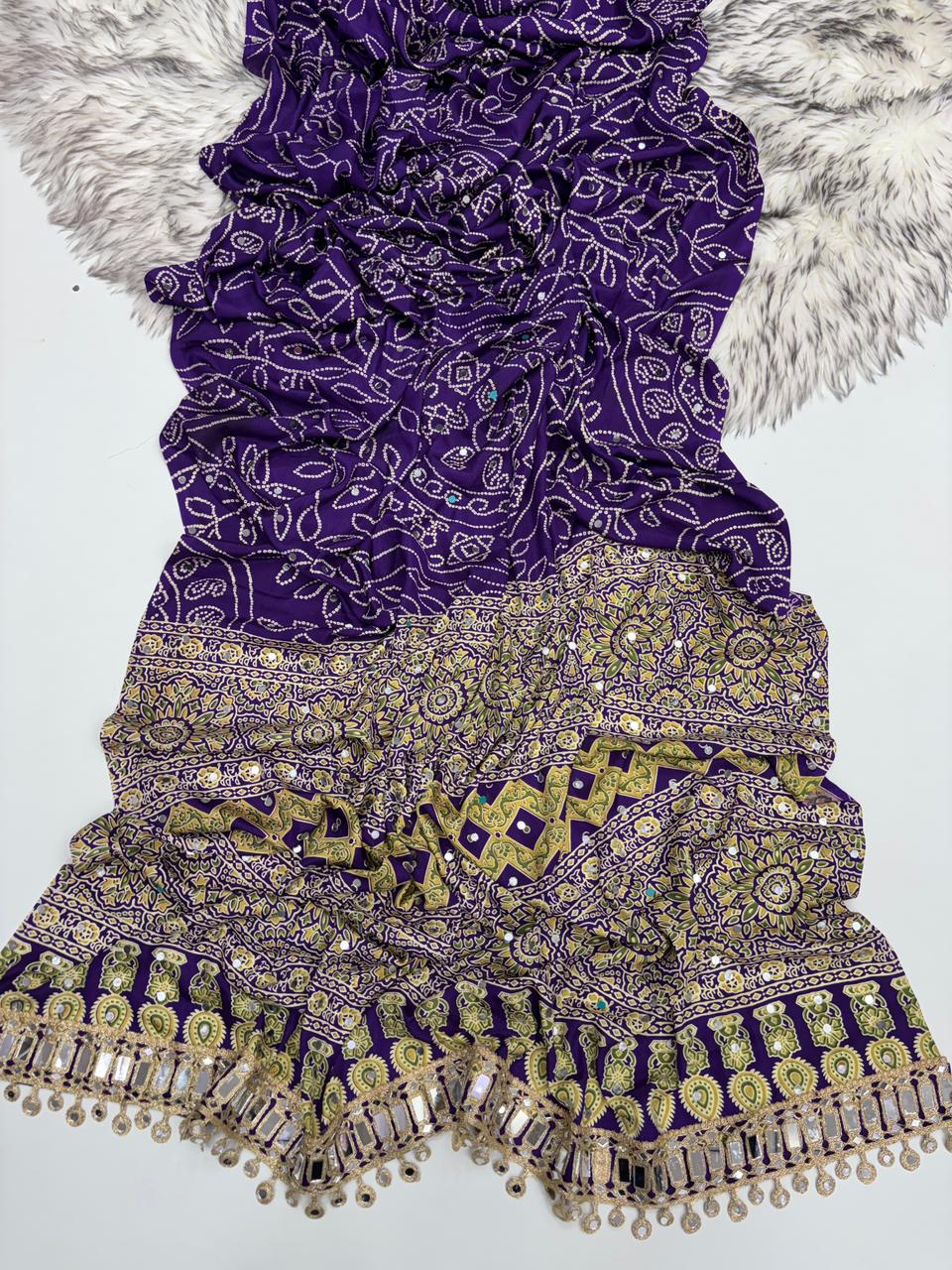 Gratifying Function Wear Pure Satin Silk Ajrak Printed Rich Pallu n Mirror Work Designer Saree With Blouse Piece