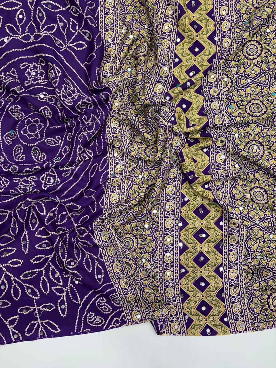 Gratifying Function Wear Pure Satin Silk Ajrak Printed Rich Pallu n Mirror Work Designer Saree With Blouse Piece