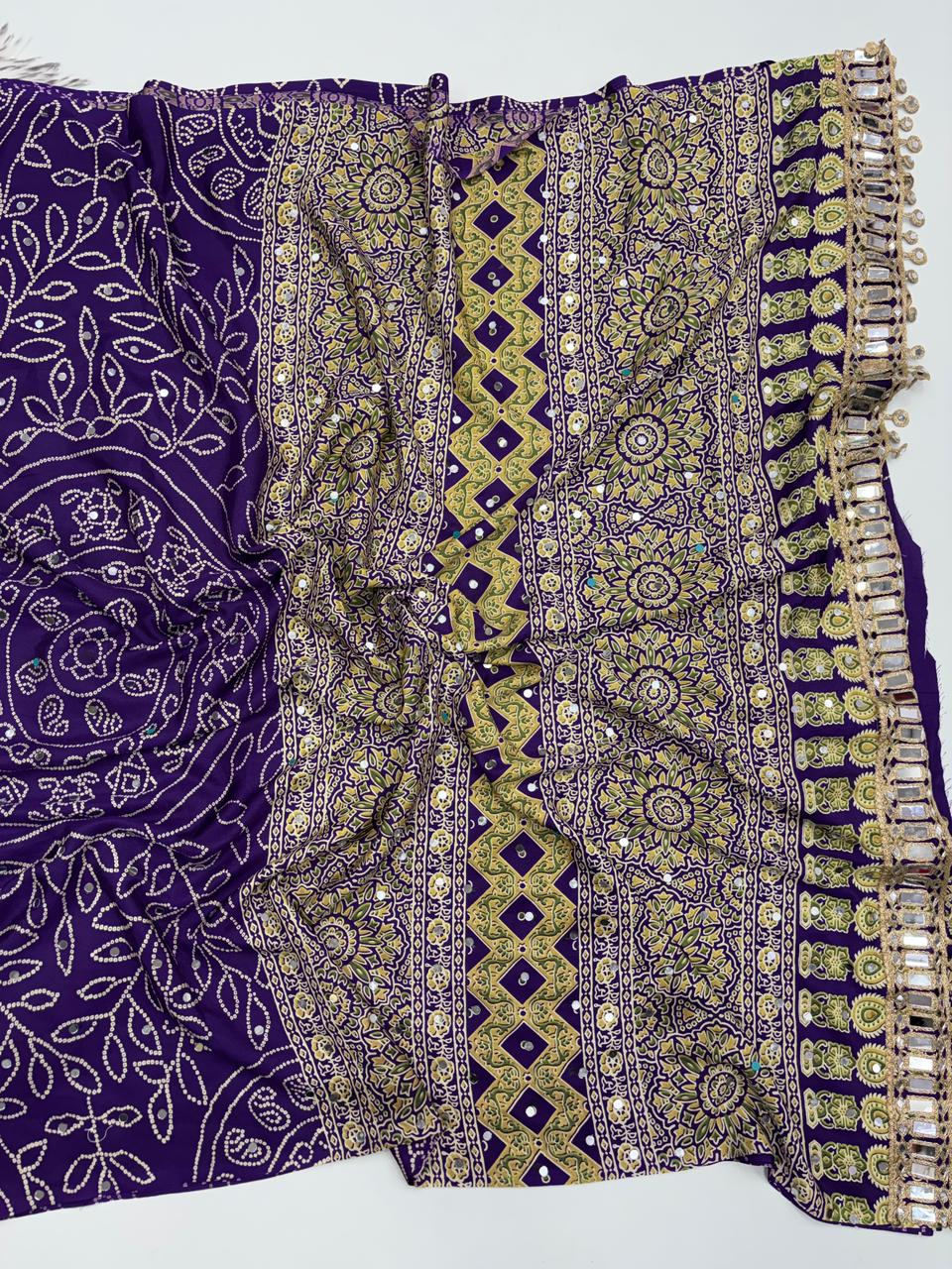 Gratifying Function Wear Pure Satin Silk Ajrak Printed Rich Pallu n Mirror Work Designer Saree With Blouse Piece
