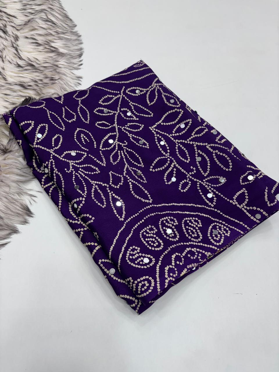 Gratifying Function Wear Pure Satin Silk Ajrak Printed Rich Pallu n Mirror Work Designer Saree With Blouse Piece