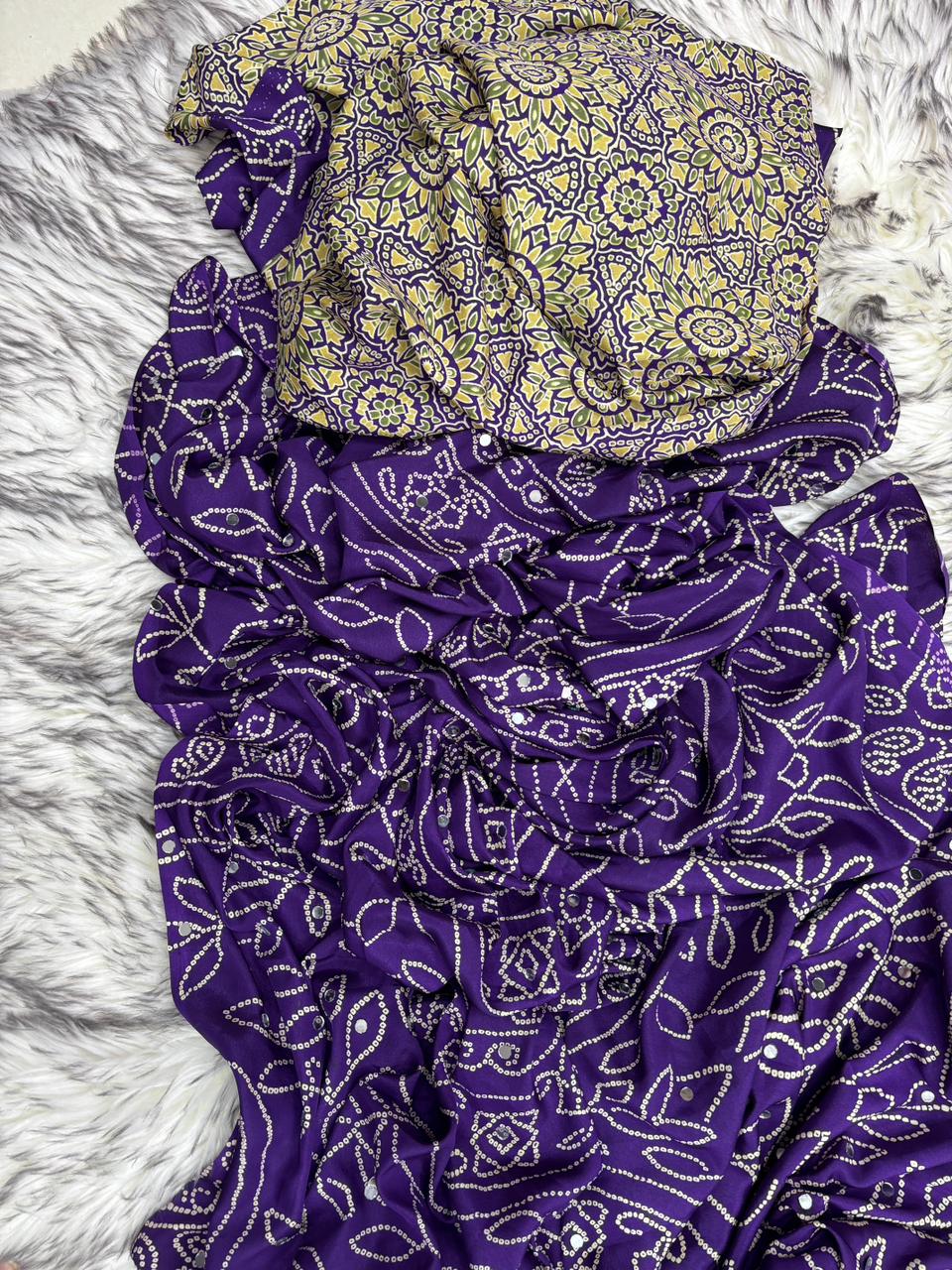 Gratifying Function Wear Pure Satin Silk Ajrak Printed Rich Pallu n Mirror Work Designer Saree With Blouse Piece