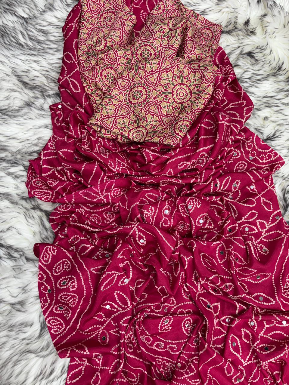 Gratifying Function Wear Pure Satin Silk Ajrak Printed Rich Pallu n Mirror Work Designer Saree With Blouse Piece