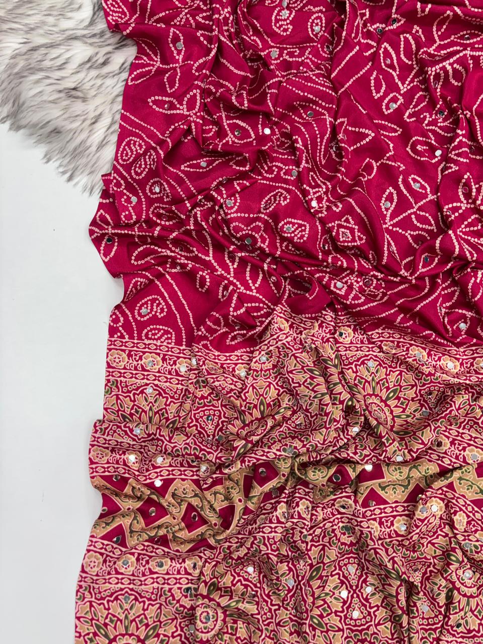 Gratifying Function Wear Pure Satin Silk Ajrak Printed Rich Pallu n Mirror Work Designer Saree With Blouse Piece