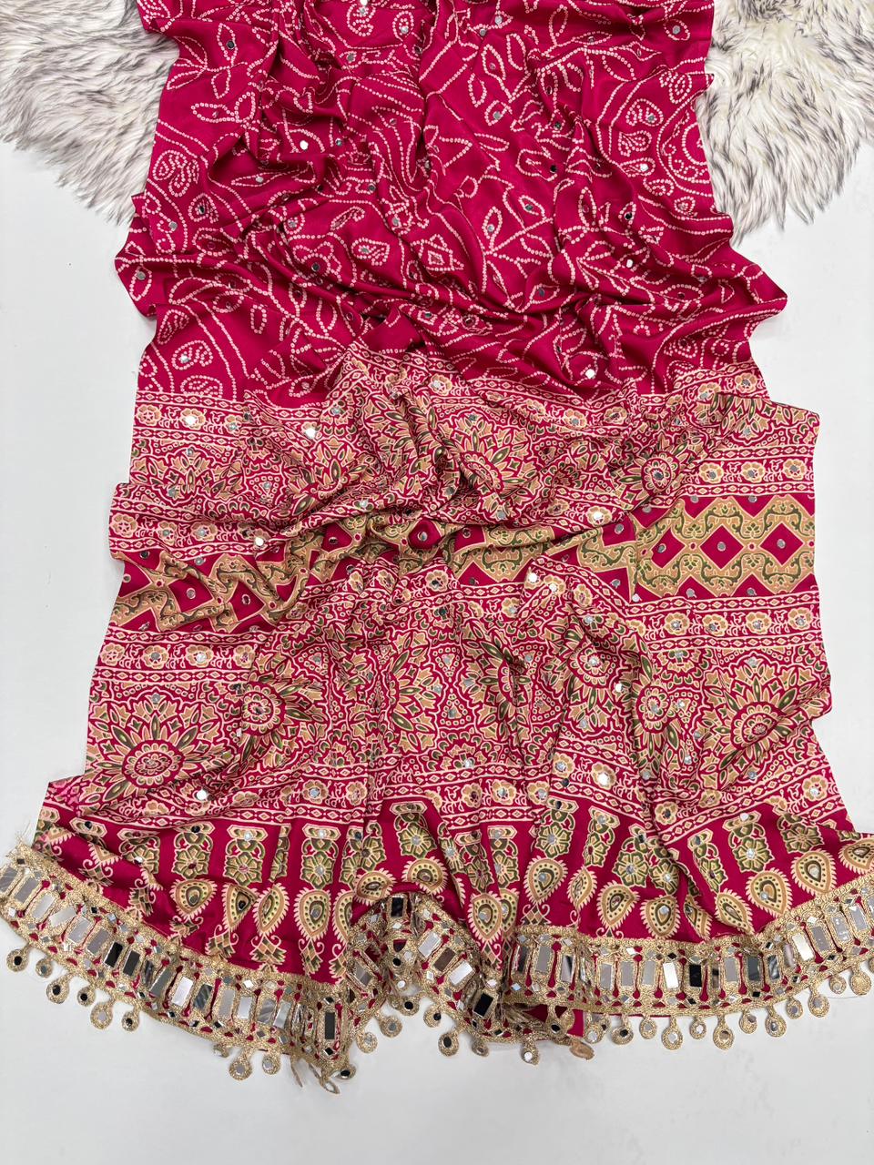 Gratifying Function Wear Pure Satin Silk Ajrak Printed Rich Pallu n Mirror Work Designer Saree With Blouse Piece