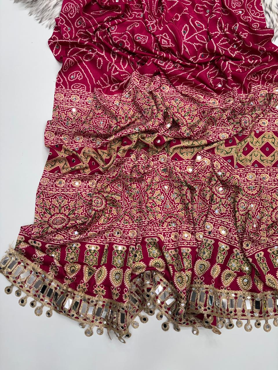 Gratifying Function Wear Pure Satin Silk Ajrak Printed Rich Pallu n Mirror Work Designer Saree With Blouse Piece