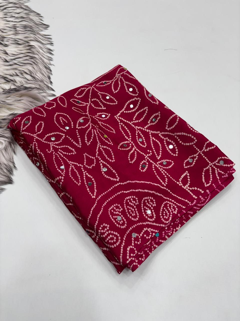 Gratifying Function Wear Pure Satin Silk Ajrak Printed Rich Pallu n Mirror Work Designer Saree With Blouse Piece